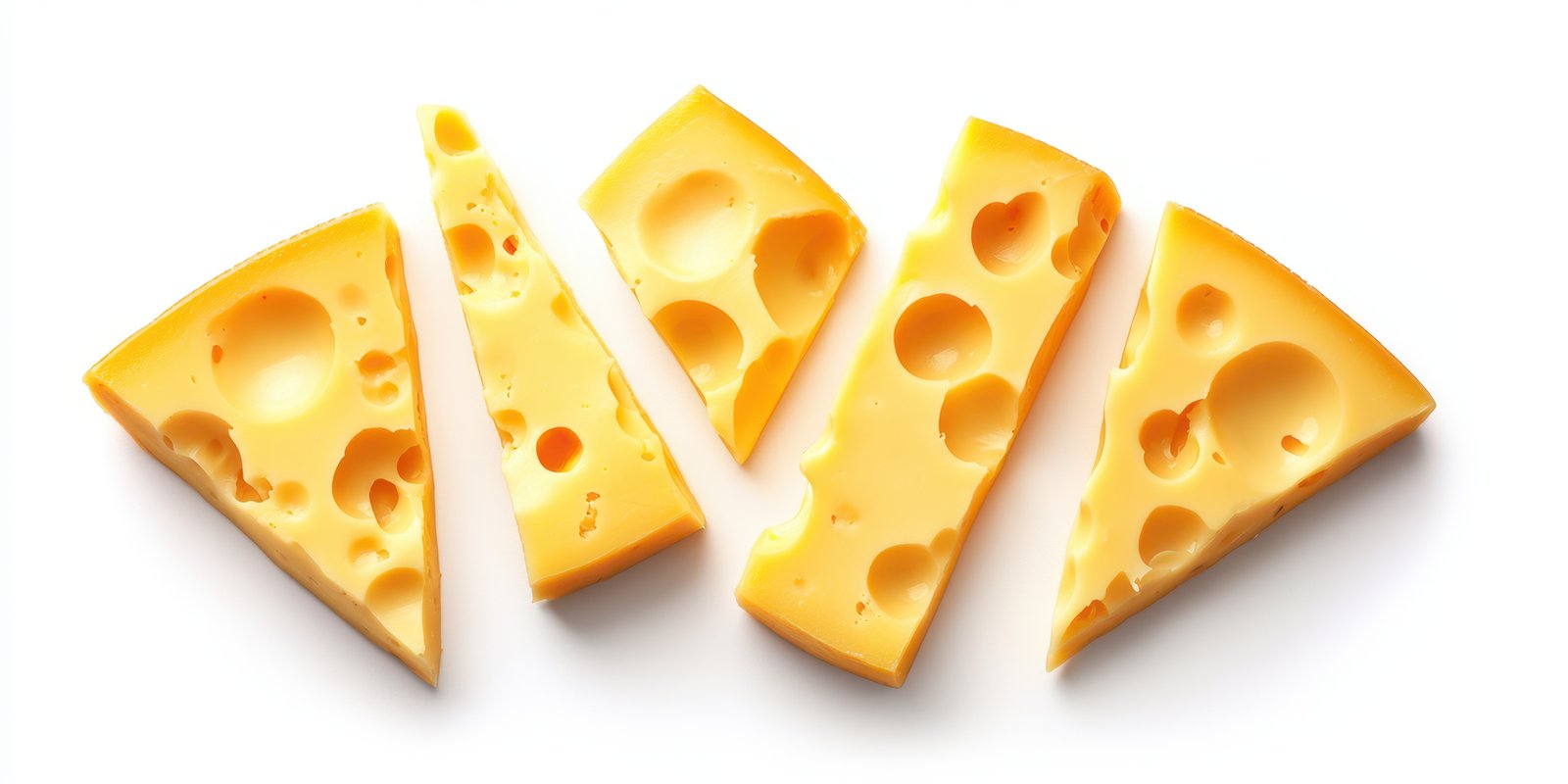 Variety of yellow cheese pieces arranged on a white background for culinary inspiration and snack ideas